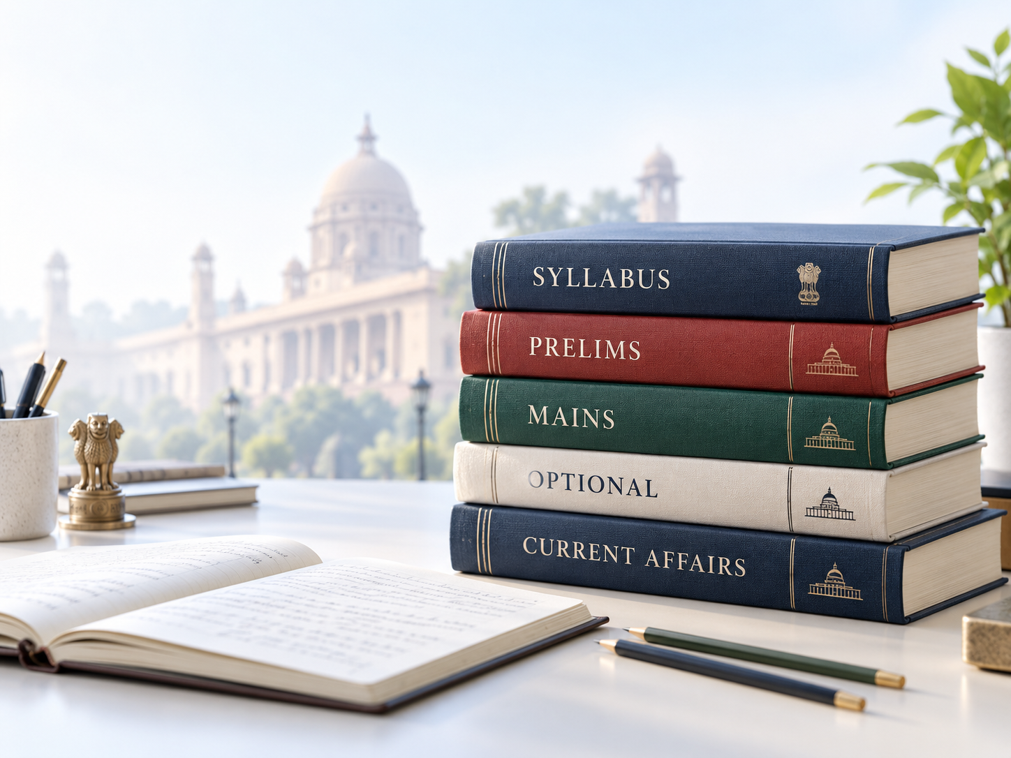 UPSC preparation books, a notebook and pencils on a study desk